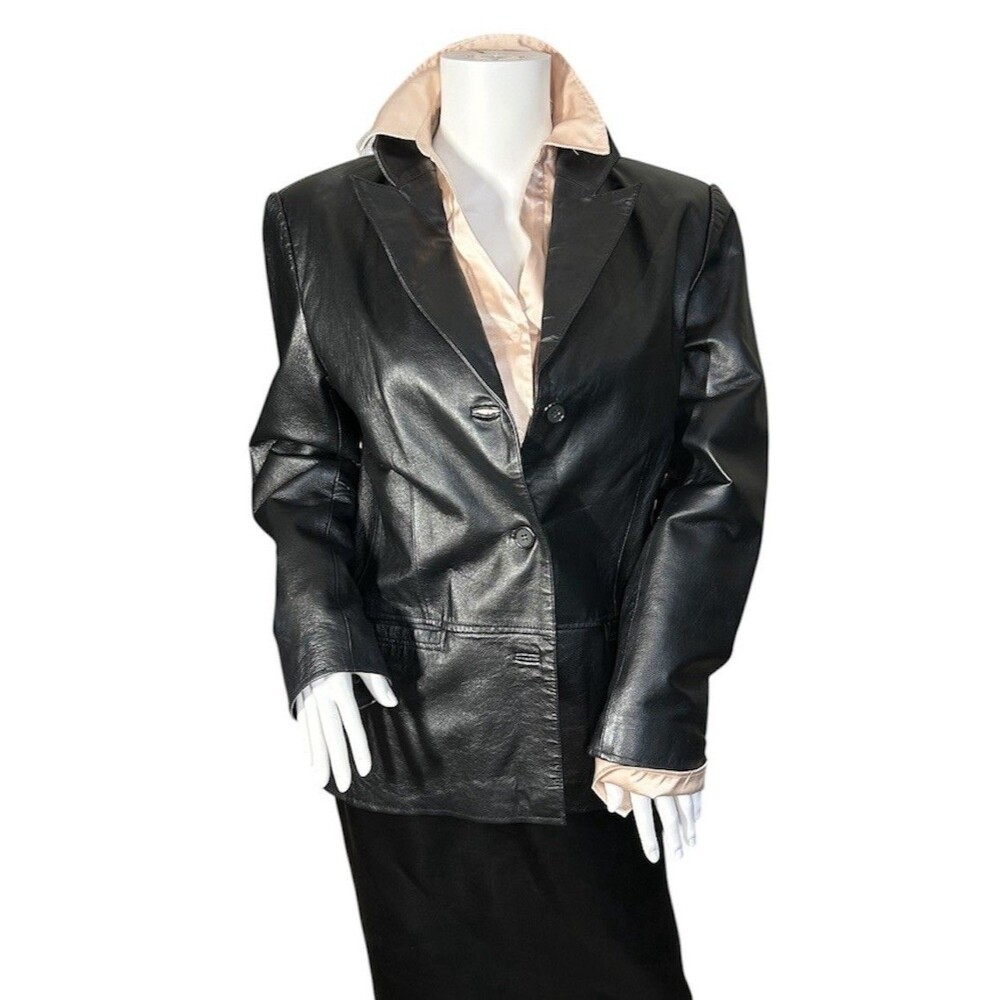 Clio Women's Black Leather Blazer Jacket Vintage Fully Lined Button-Up Size S